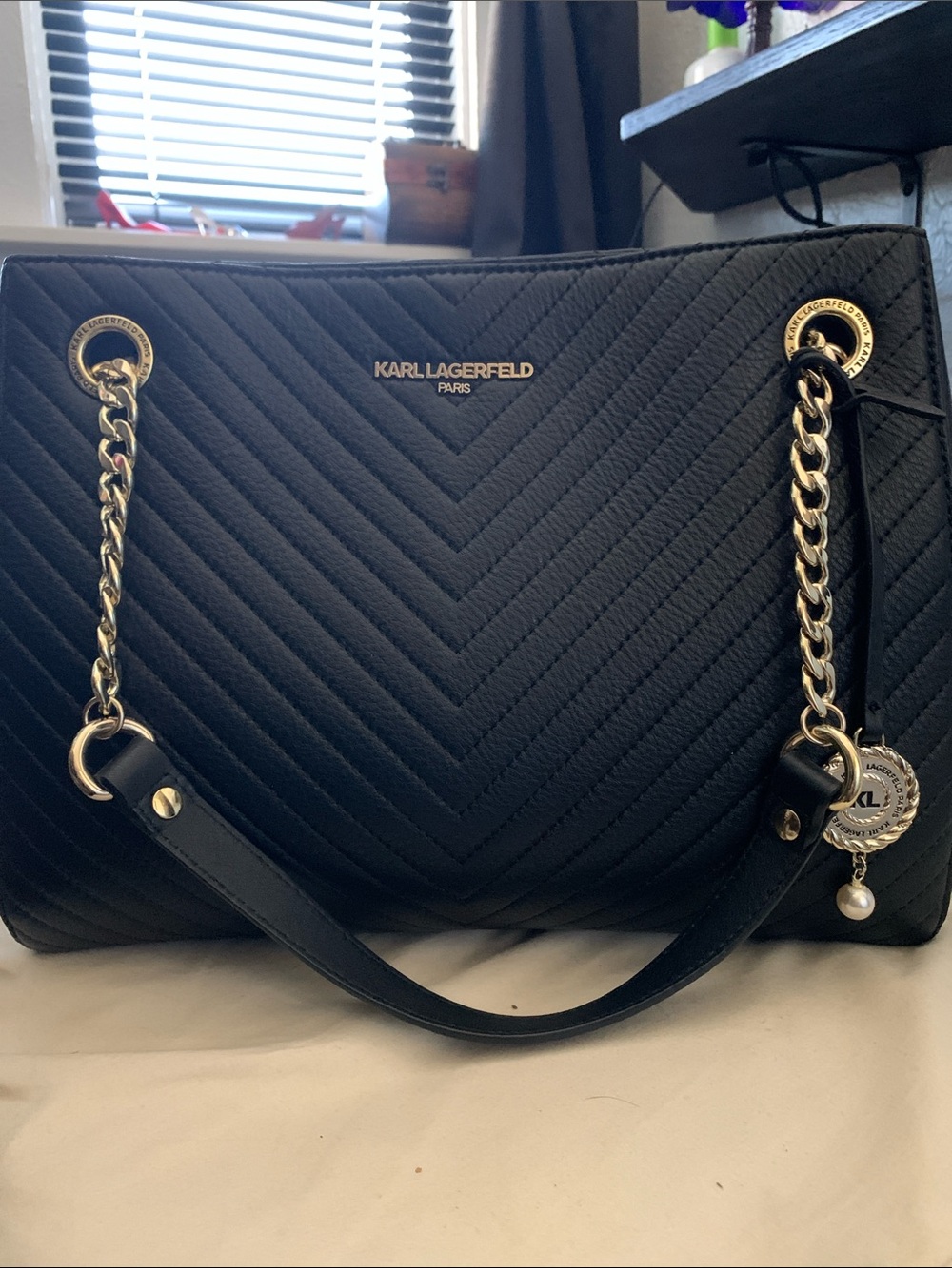Karl Lagerfeld Black Quilted Shoulder Bag with Gold Chain Accents